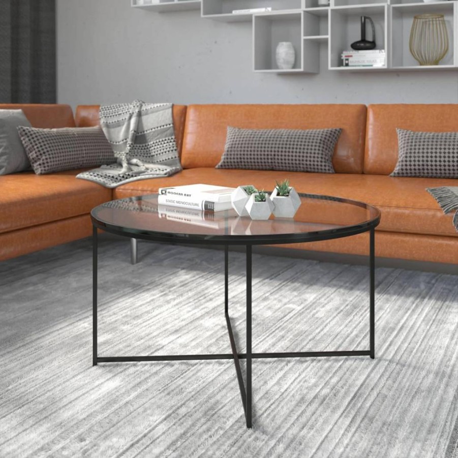 Flash Furniture Greenwich Modern Coffee Table - Clear Glass Top with Matte Black Crisscross Frame
