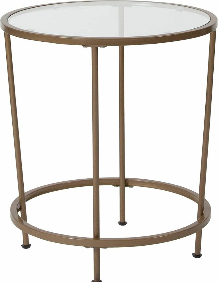 Flash Furniture Astoria Round End Table - Modern Glass Top with Matte Gold Frame, Stylish Accent Table for Living Room