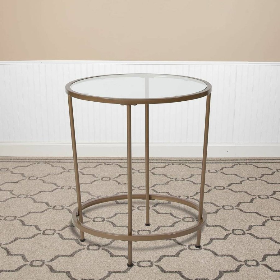 Flash Furniture Astoria Round End Table - Modern Glass Top with Matte Gold Frame, Stylish Accent Table for Living Room