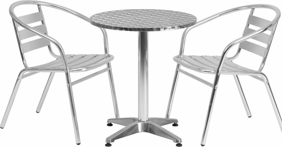 Flash Furniture 23.5 Inch Round Black Aluminum Outdoor Table Set with 2 Slat Back Chairs for Indoor and Outdoor Use