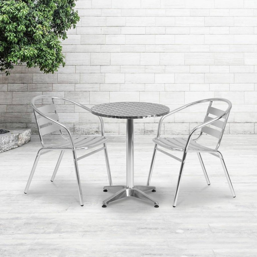 Flash Furniture 23.5 Inch Round Black Aluminum Outdoor Table Set with 2 Slat Back Chairs for Indoor and Outdoor Use