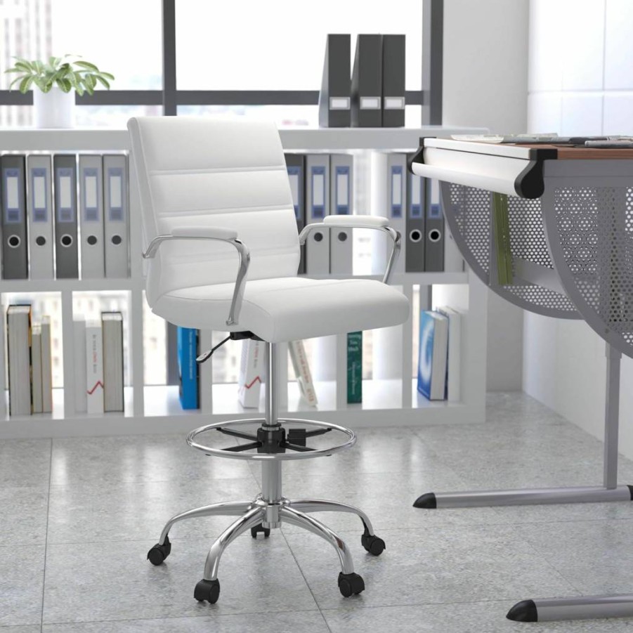 Flash Furniture Whitney Mid-Back Swivel Office Chair with Adjustable Height, Padded Leathersoft Seat, Armrests & Foot Ring - Black & Chrome Drafting Chair for Desk
