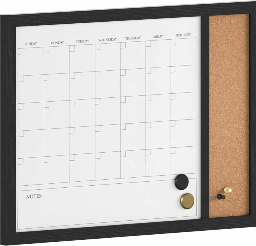 Martha Stewart Everette 24"x18" Magnetic Dry Erase Calendar & Cork Board Combo - White Woodgrain Frame with Marker, Magnets, Push Pins