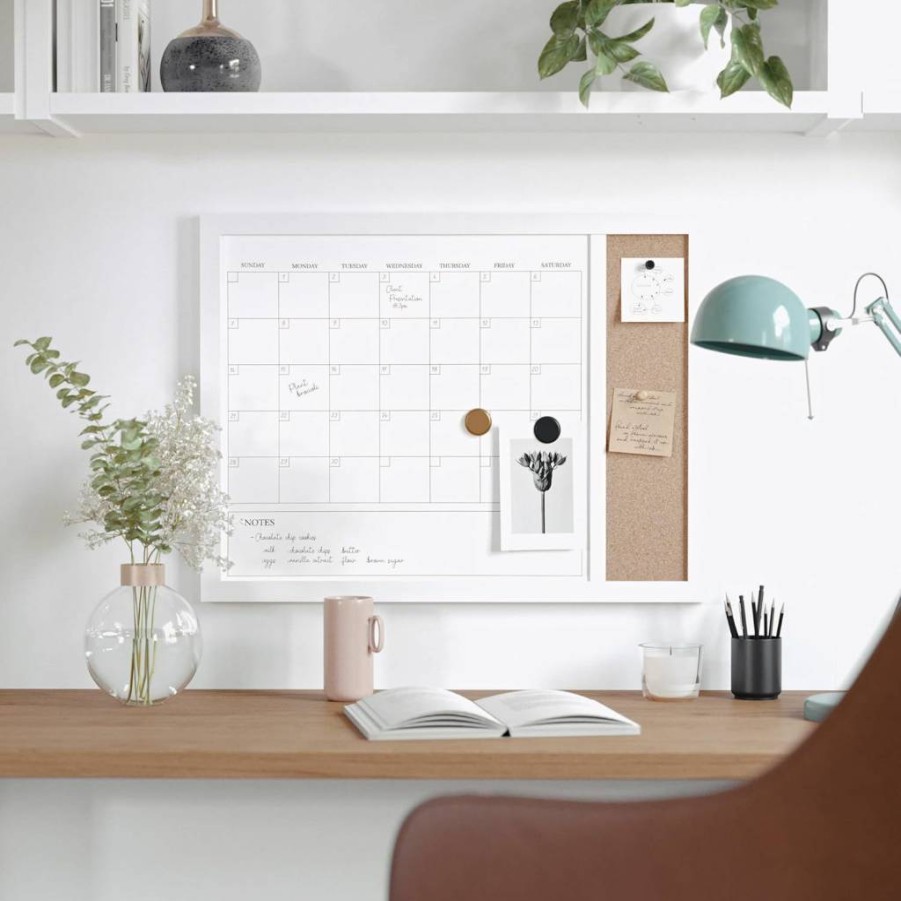 Martha Stewart Everette 24"x18" Magnetic Dry Erase Calendar & Cork Board Combo - White Woodgrain Frame with Marker, Magnets, Push Pins