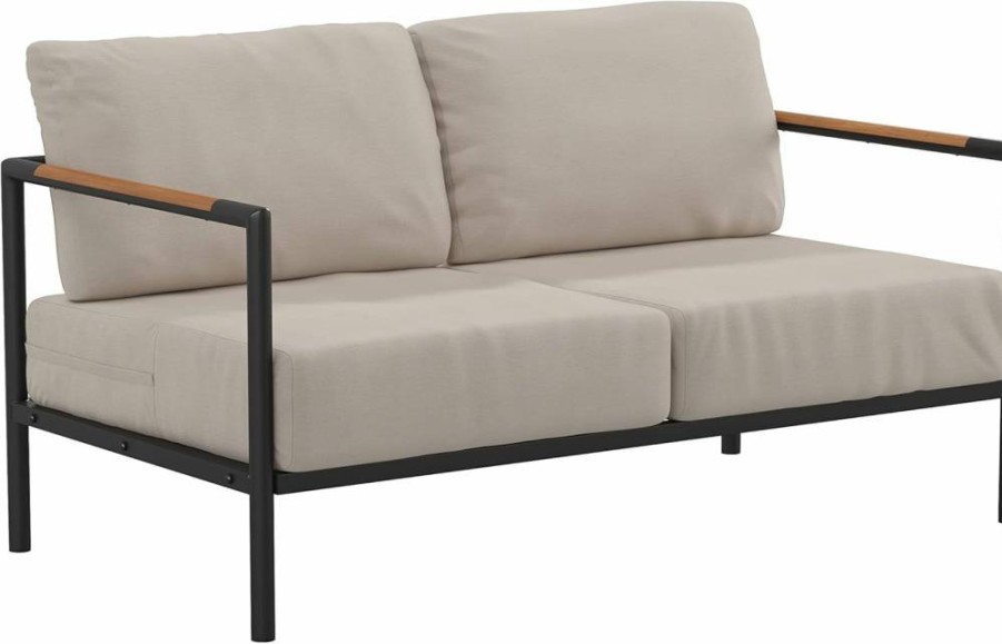 Flash Furniture Modern Black Aluminum Loveseat with Teak Accent Arms & Beige Cushions for Indoor/Outdoor Use