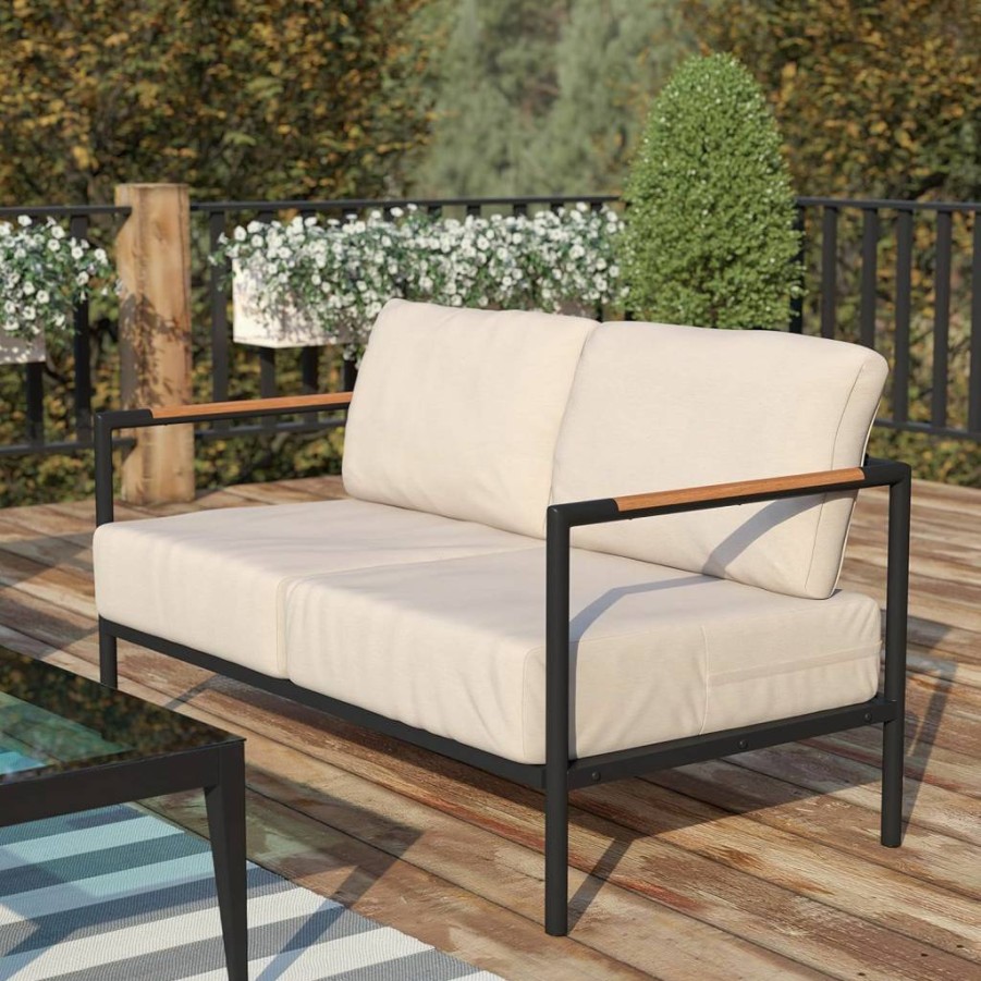 Flash Furniture Modern Black Aluminum Loveseat with Teak Accent Arms & Beige Cushions for Indoor/Outdoor Use