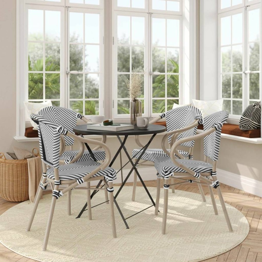 Flash Furniture 4-Pack Marseille Bistro Chairs - Indoor/Outdoor Stackable Textilene Seating with Bamboo Print Metal Frame (Black/White, Arms)