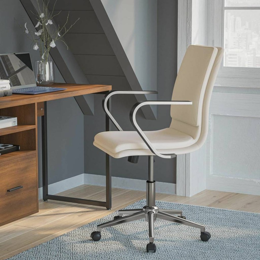 Flash Furniture James Mid-Back Executive Office Chair - Taupe Leathersoft, Adjustable Height, 360 Swivel, Brushed Chrome Base & Arms