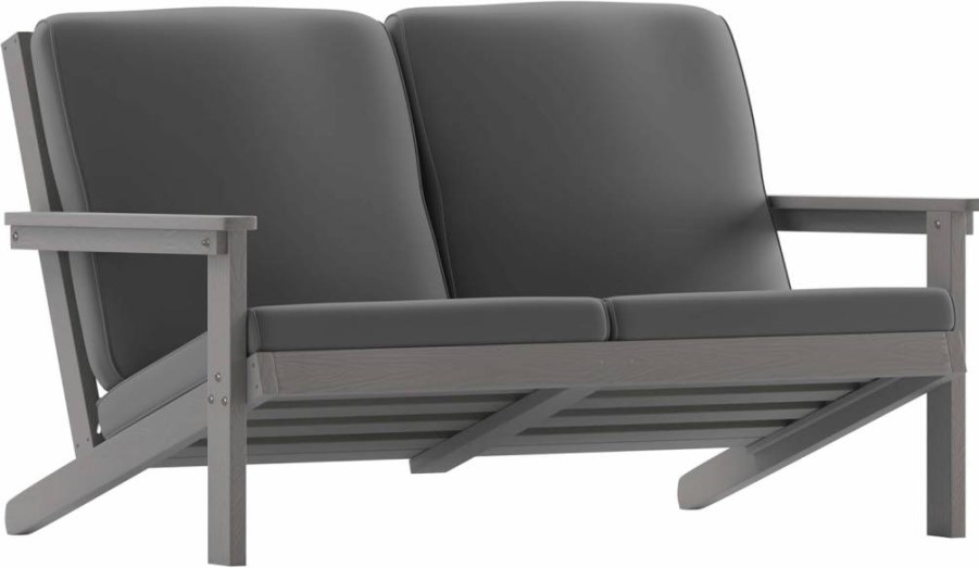 Flash Furniture Charlestown Gray Poly Resin Adirondack Loveseat with All-Weather Cushions for Patio, Indoor & Outdoor Use
