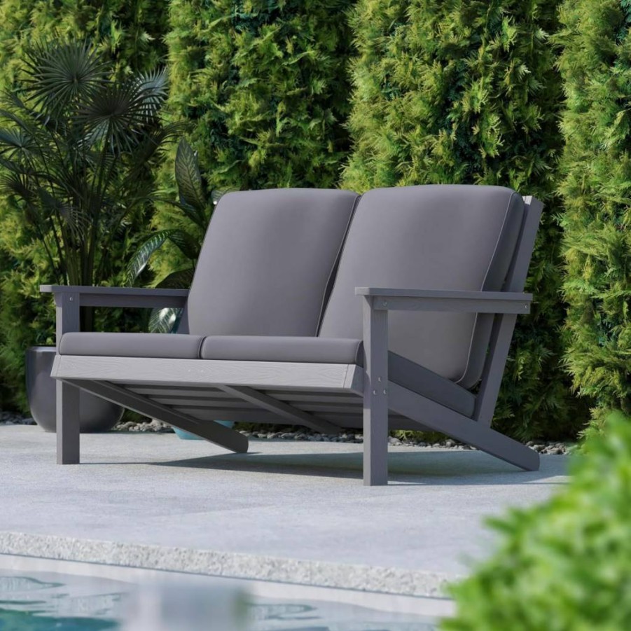 Flash Furniture Charlestown Gray Poly Resin Adirondack Loveseat with All-Weather Cushions for Patio, Indoor & Outdoor Use