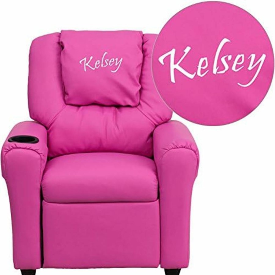 Flash Furniture Personalized Pink Vinyl Kids Recliner with Cup Holder & Headrest - Durable Hot Vinyl Children's Chair