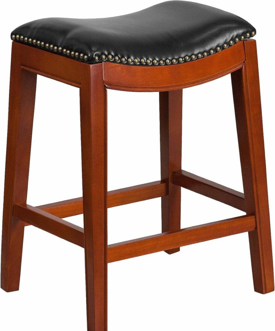 Flash Furniture Alphus 26" Counter Height Stool - Cappuccino Wood Base & Black LeatherSoft Saddle Seat, Backless Bar Stool for Kitchen & Dining