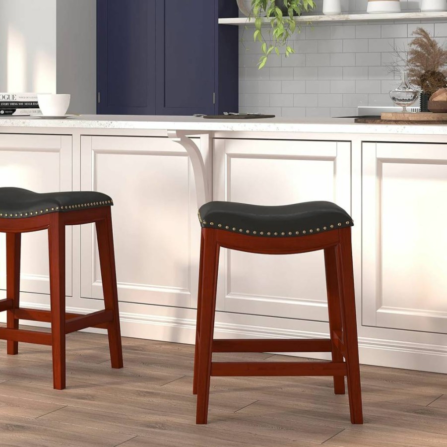 Flash Furniture Alphus 26" Counter Height Stool - Cappuccino Wood Base & Black LeatherSoft Saddle Seat, Backless Bar Stool for Kitchen & Dining
