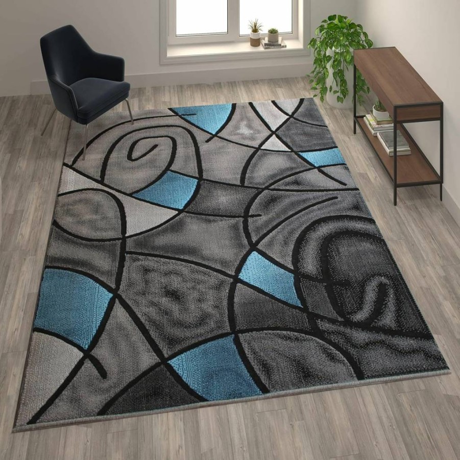 Flash Furniture Jubilee Collection 7' Round Abstract Area Rug - Orange Colorfast Olefin, Jute Backing for Living Room, Bedroom, Family Room
