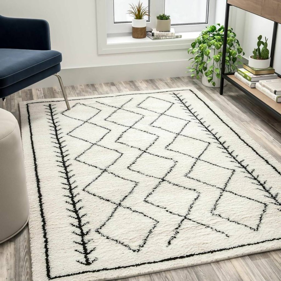 Flash Furniture Bohemian Shag Area Rug 8x10 Feet - Ivory Geometric Design with Jute & Polyester Backing, Roxy Collection