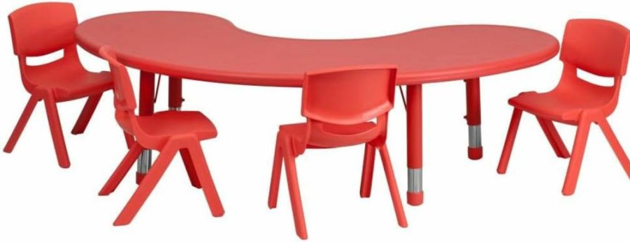 Flash Furniture 35-Inch Half-Moon Adjustable Activity Table Set with 4 Chairs, Natural Plastic Kid-Friendly Design for Classrooms & Playrooms