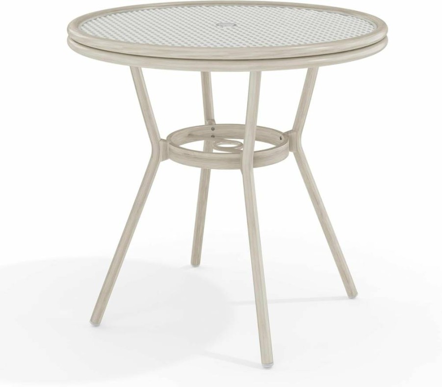 Martha Stewart 31" Round Indoor-Outdoor Bistro Table - Gray Aluminum Frame with White Rattan & Tempered Glass Top