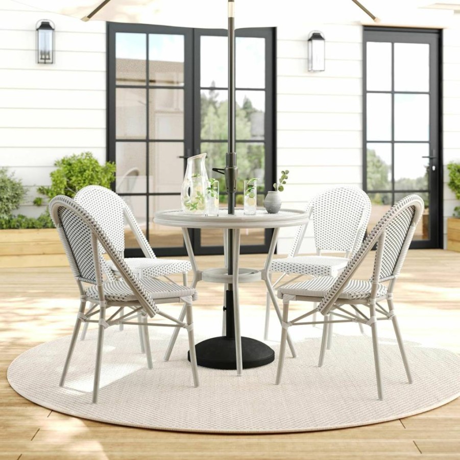 Martha Stewart 31" Round Indoor-Outdoor Bistro Table - Gray Aluminum Frame with White Rattan & Tempered Glass Top