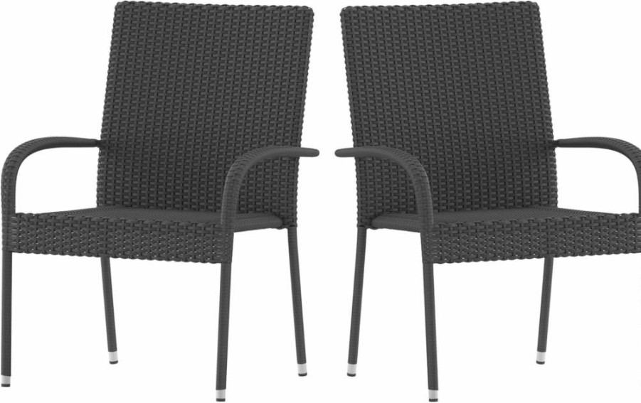 Flash Furniture Maxim 2-Piece Black Wicker Dining Chairs Set with Steel Frames - Indoor/Outdoor Arm Chairs for Patio, Deck & Backyard - Weather Resistant