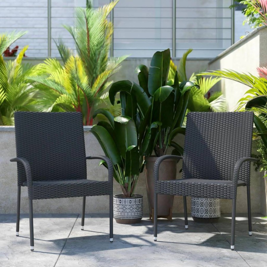 Flash Furniture Maxim 2-Piece Black Wicker Dining Chairs Set with Steel Frames - Indoor/Outdoor Arm Chairs for Patio, Deck & Backyard - Weather Resistant