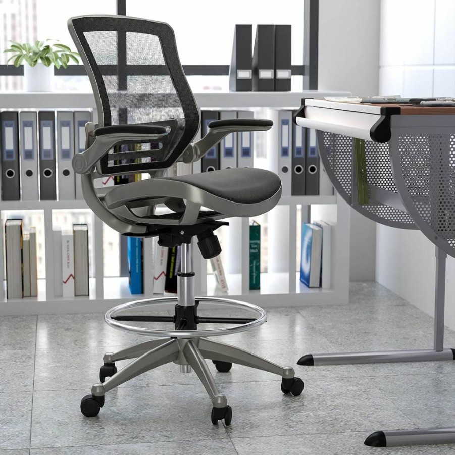 Flash Furniture Waylon Ergonomic Mesh Office Chair - Adjustable Swivel Mid-Back Task Chair with Armrests & Foot Ring, Black/Silver