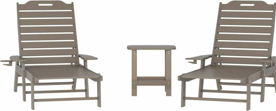 Flash Furniture Monterey 3-Piece Adirondack Set: 2 Adjustable HDPE Loungers with Cup Holders & 2-Tier Side Table, All-Weather Brown Outdoor/Indoor Furniture