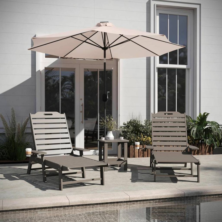 Flash Furniture Monterey 3-Piece Adirondack Set: 2 Adjustable HDPE Loungers with Cup Holders & 2-Tier Side Table, All-Weather Brown Outdoor/Indoor Furniture