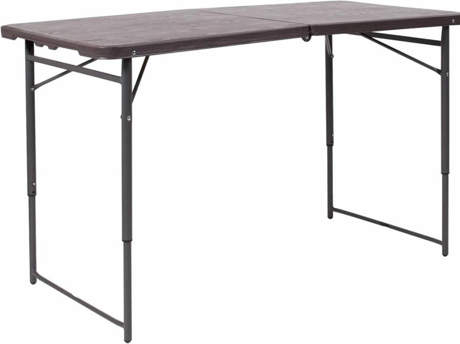 Flash Furniture 4-Foot Adjustable Brown Wood Grain Folding Table with Handle - Bi-Fold Plastic Portable Desk