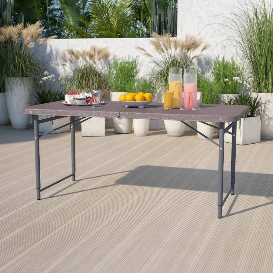 Flash Furniture 4-Foot Adjustable Brown Wood Grain Folding Table with Handle - Bi-Fold Plastic Portable Desk