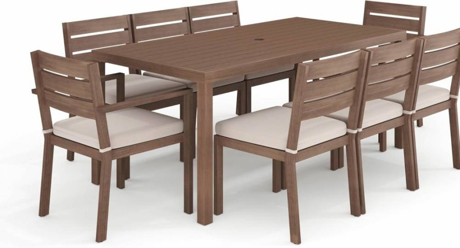 Martha Stewart Bedford 9-Piece Outdoor Patio Dining Set with 71-Inch Aluminum Table and 8 Stackable Chairs, Gray Woodgrain Finish & All-Weather Cushions
