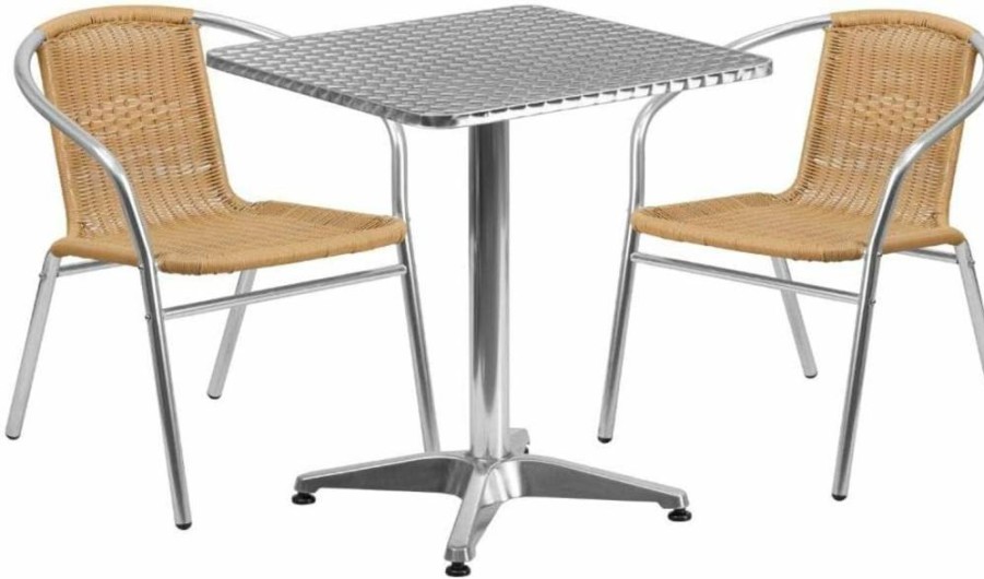 Flash Furniture 23.5" Square Aluminum Patio Set with 2 Dark Brown Rattan Chairs - Indoor-Outdoor Dining Table