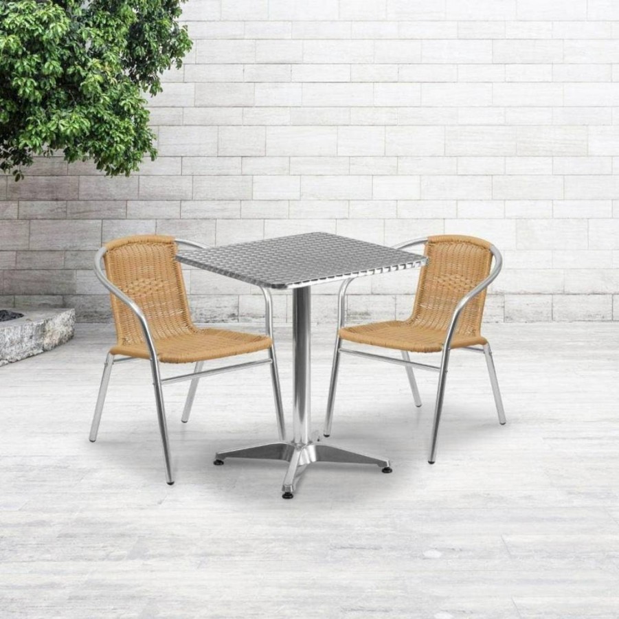 Flash Furniture 23.5" Square Aluminum Patio Set with 2 Dark Brown Rattan Chairs - Indoor-Outdoor Dining Table