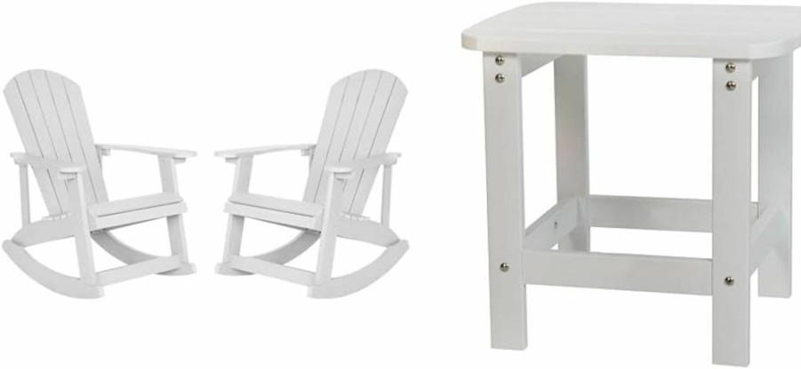 Flash Furniture 2-Piece White Poly Resin Adirondack Rocking Chair Set with Side Table - Indoor/Outdoor All-Weather Patio Furniture