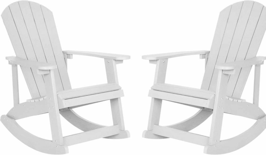 Flash Furniture 2-Piece White Poly Resin Adirondack Rocking Chair Set with Side Table - Indoor/Outdoor All-Weather Patio Furniture