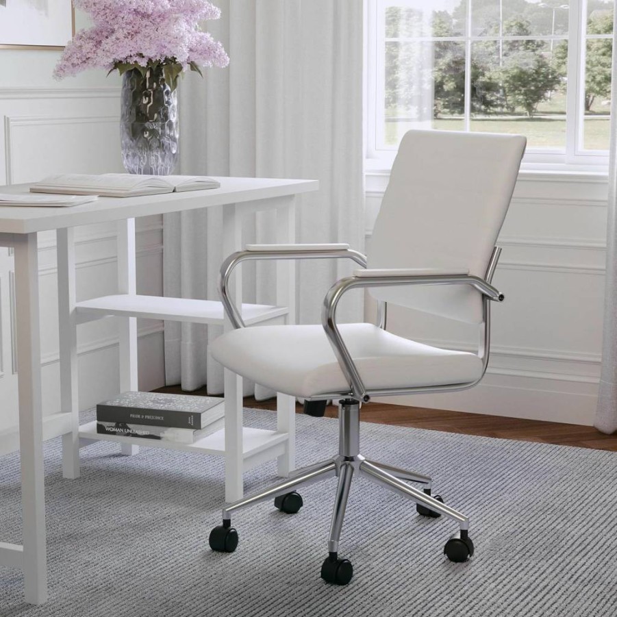 Martha Stewart White Faux Leather Swivel Office Chair with Armrests and Polished Nickel Frame