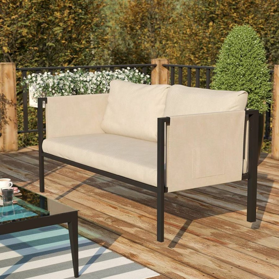 Flash Furniture Modern Black Steel Loveseat with Beige Cushions, Indoor/Outdoor Storage Pocket Chair
