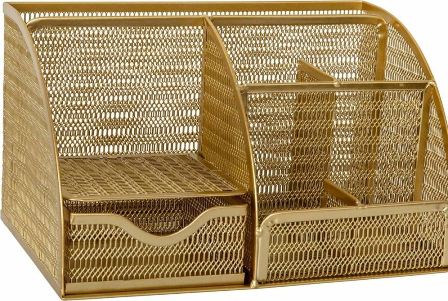 Martha Stewart Gold Mesh Desktop Organizer - Stylish Metal Pen Holder, Office Accessories & Notebook Storage for Home or Workspace