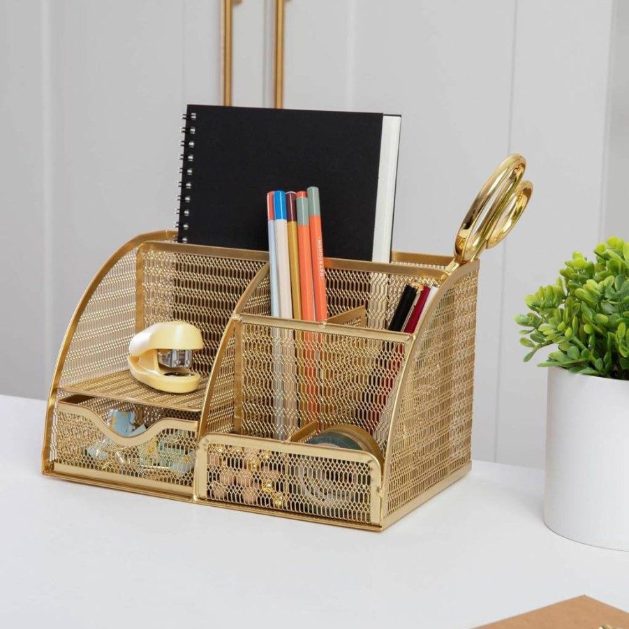 Martha Stewart Gold Mesh Desktop Organizer - Stylish Metal Pen Holder, Office Accessories & Notebook Storage for Home or Workspace