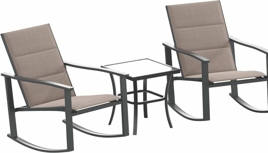 Flash Furniture Brazos 3-Piece Outdoor Rocking Chair Set with Flex Comfort Seating and Metal Frame Glass Table - Gray/Black Bistro Patio Furniture