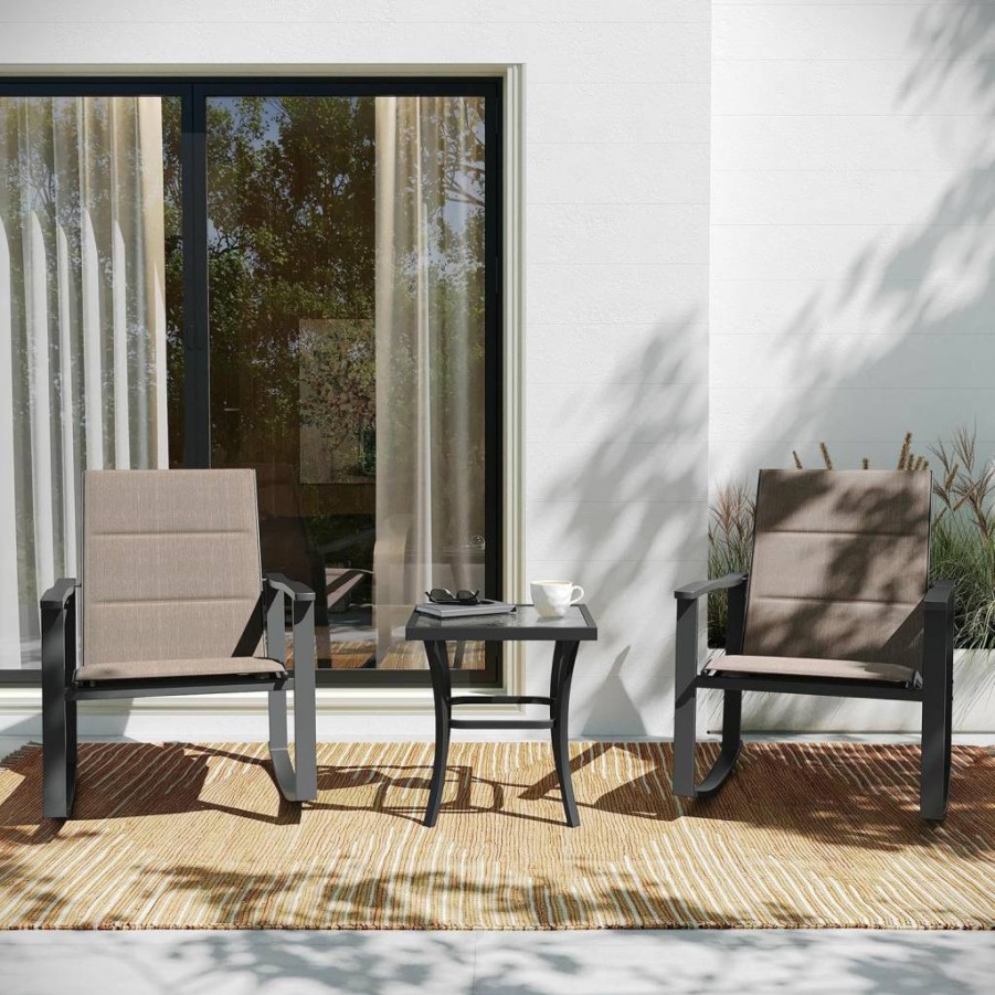 Flash Furniture Brazos 3-Piece Outdoor Rocking Chair Set with Flex Comfort Seating and Metal Frame Glass Table - Gray/Black Bistro Patio Furniture