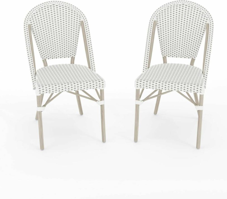 Martha Stewart Stackable Aluminum Bistro Chair - Indoor Outdoor Use, Woodgrain Frame, White Navy Woven Rattan Seat