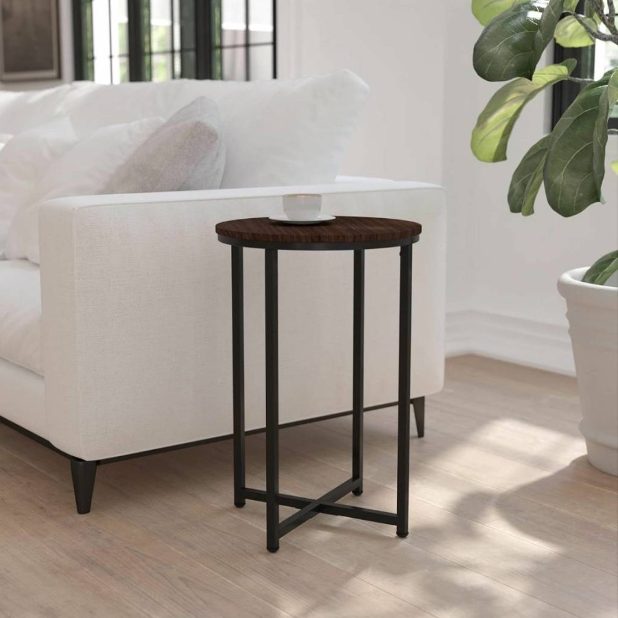 Flash Furniture Hampstead End Table - Modern Walnut Finish, Crisscross Black Metal Frame, Small Accent Table for Living Room