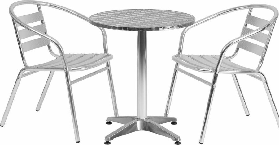 Flash Furniture 23.5-Inch Round Aluminum Patio Dining Set with 2 Slat Back Chairs for Indoor and Outdoor Use