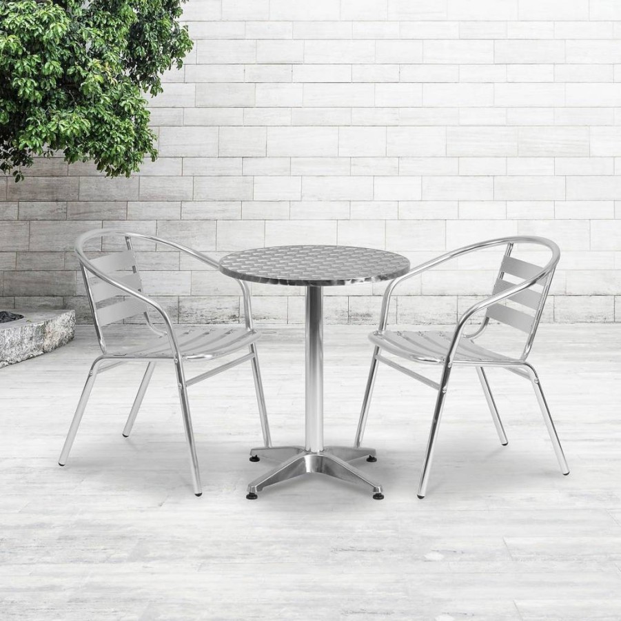 Flash Furniture 23.5-Inch Round Aluminum Patio Dining Set with 2 Slat Back Chairs for Indoor and Outdoor Use
