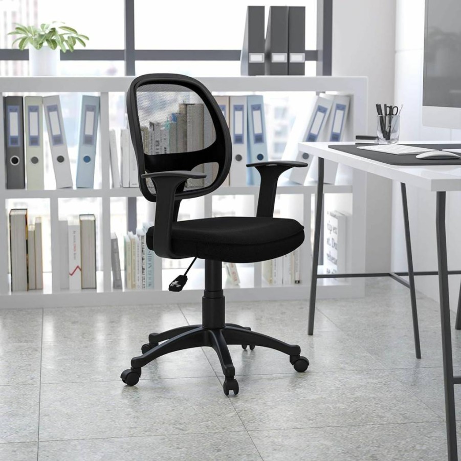 Flash Furniture Ergonomic Mid-Back Mesh Office Chair with Padded Seat, Adjustable T-Arms & Height, Swivel Desk Chair in Black