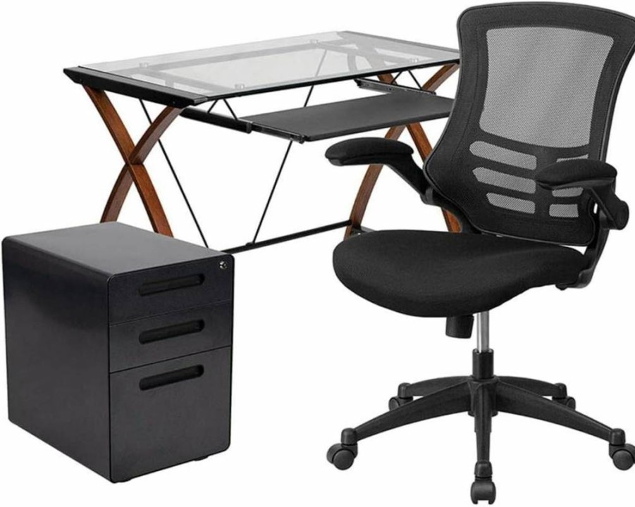 Flash Furniture Home Office Kit: Ergonomic Mesh Chair, Glass Desk with Keyboard Tray & Locking File Cabinet