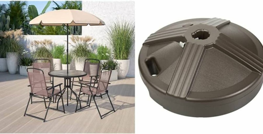 Flash Furniture Nantucket 6-Piece Patio Set with Umbrella Table, 4 Folding Chairs & Bronze Weight-Fillable Base