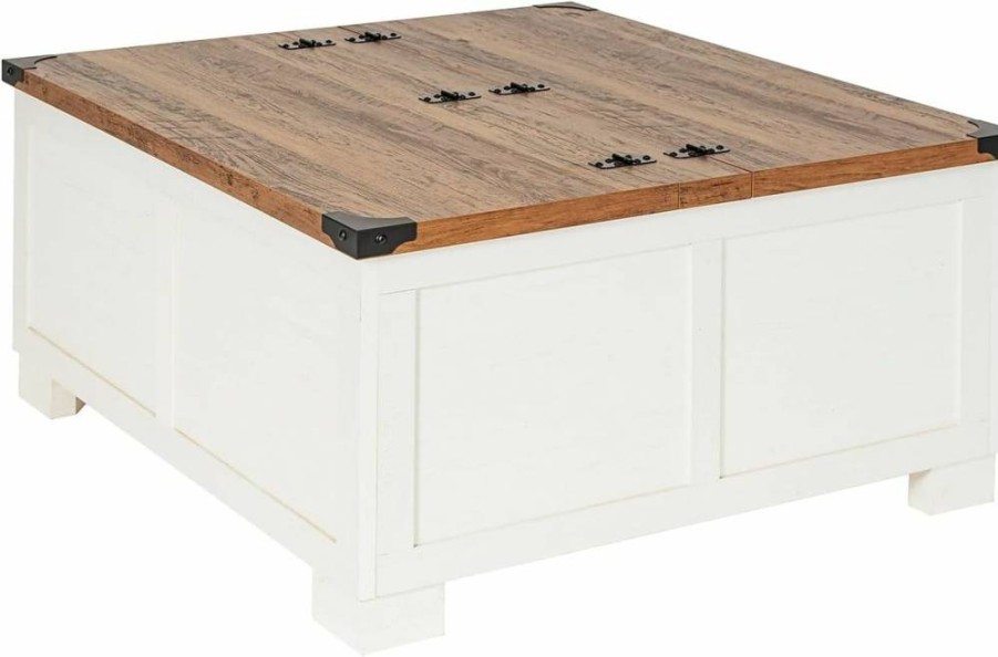 Flash Furniture Wyatt 35.75" Square Farmhouse Coffee Table - Two-Toned White & Rustic Oak Lift-Top with Hidden Storage