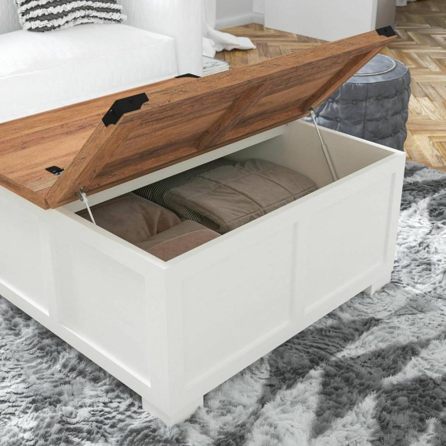 Flash Furniture Wyatt 35.75" Square Farmhouse Coffee Table - Two-Toned White & Rustic Oak Lift-Top with Hidden Storage