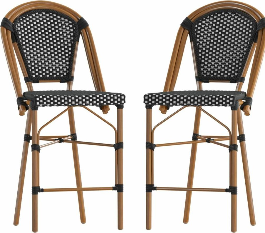 Flash Furniture 26" Stackable Bistro Stool Set of 2 - Black/White & Natural Finish, Commercial Grade Counter Height Stool for Indoor Outdoor Use